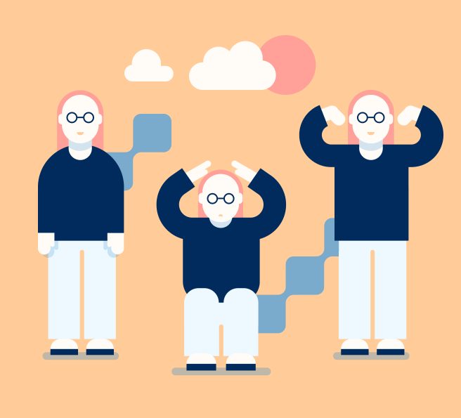 illustration of a stylized woman wearing glasses, who stands in the first position, ducks in the second position with arms above the head, and stands up with flexed muscles in the third position to demonstrate resilience