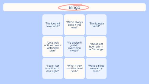 Saboteur Bingo featuring typical statements that imply how we might sabotage ourselves